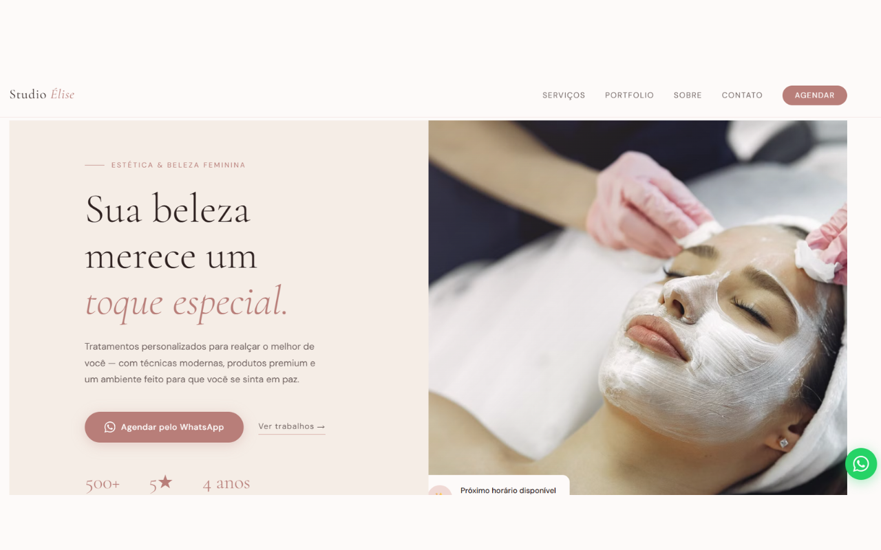 Exemplo de site criado por Nicholas Rodrigues para o Studio Élise — estética feminina em São Paulo